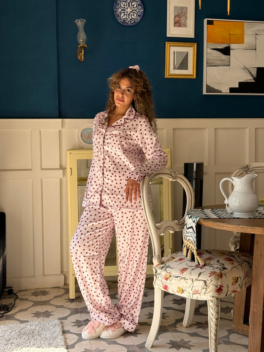 Heart pj satin Light Pink Base - Burgundy