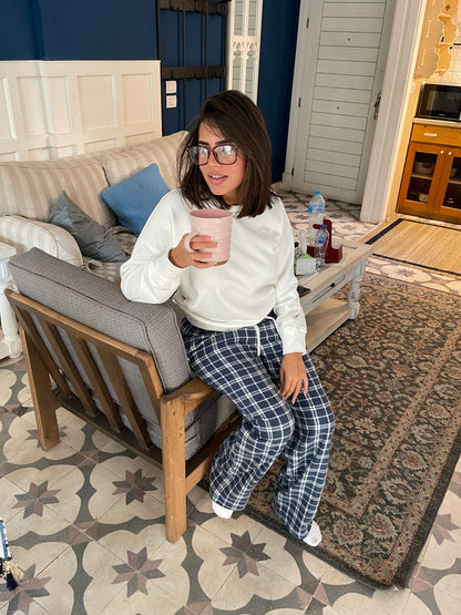 Woolen Plaid Set - White x Navy Blue Checkered