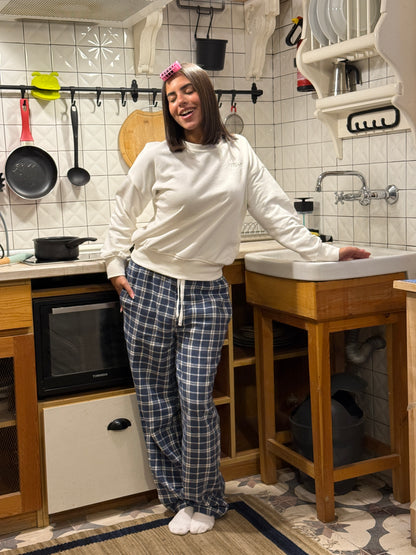 Woolen Plaid Set - White x Navy Blue Checkered