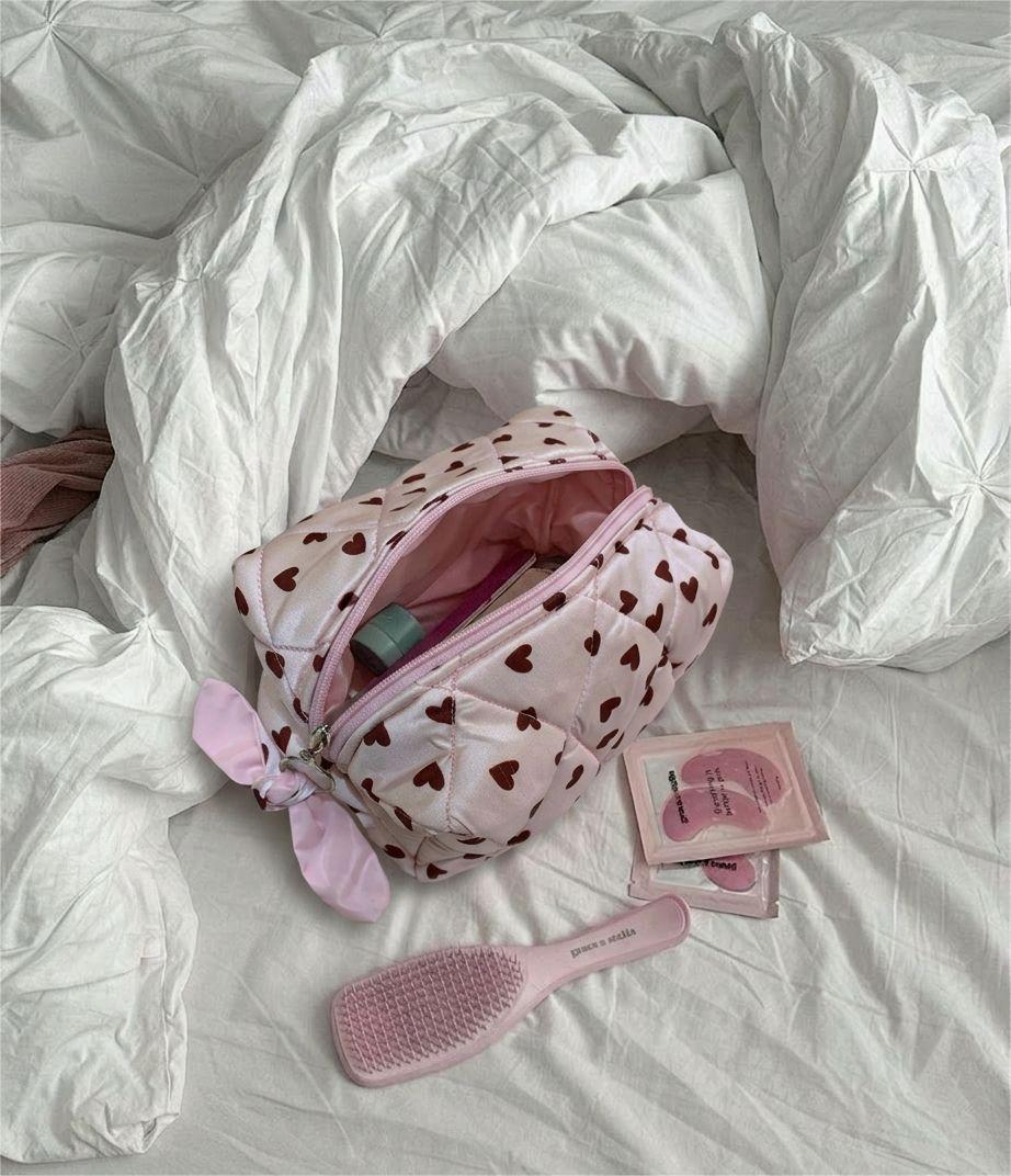 Heart Pouch Light Pink Base - Burgundy